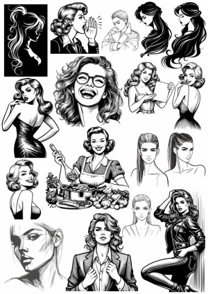 Monochrome Vector Illustrations of Women in Various Poses and Styles Free Vector