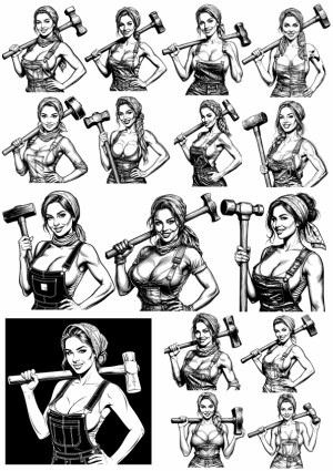 Vintage Style Black and White Vector Illustrations of Women Holding Sledgehammers Free Vector
