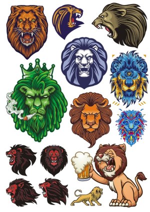 Collection of Colorful Lion Head and Full Body Vector Illustrations Free Vector