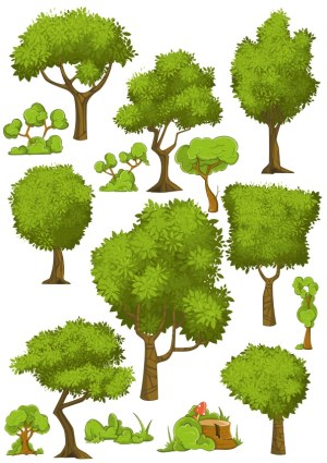 Set of Green Cartoon Trees and Bushes Vector Free Vector