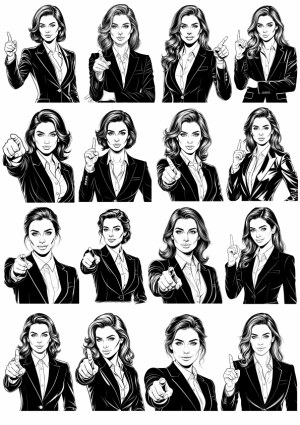 Business Woman Pointing Finger Various Poses Black and White Vectors Free Vector