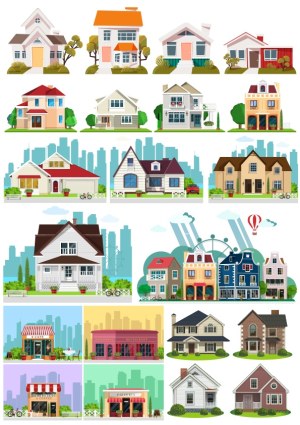 Set of Colorful Residential Houses and Small Business Buildings Vector Illustrations Free Vector
