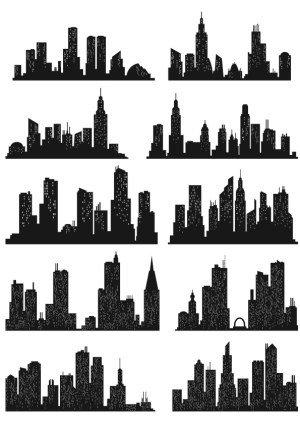 Set of Ten Black City Skyline Silhouettes Free Vector
