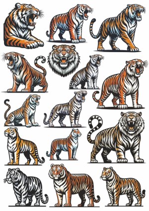 Set of Vector Tiger Illustrations in Various Poses Free Vector