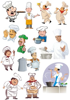 Collection of Cartoon and Realistic Chef Characters Cooking and Serving Food Free Vector