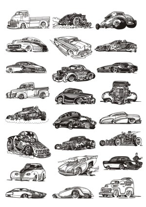 Collection of Vintage Hot Rod and Classic Car Illustrations Free Vector