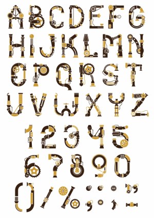 Steampunk Style Alphabet and Number Set with Gears and Pipes Free Vector