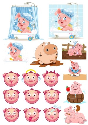 Cute Cartoon Pig Characters with Various Expressions and Activities Free Vector
