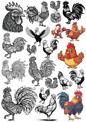 Variety of Rooster and Chicken Vector Illustrations Free Vector