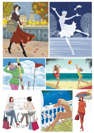 Women Enjoying Seasonal Activities in Fashionable Outfits Free Vector