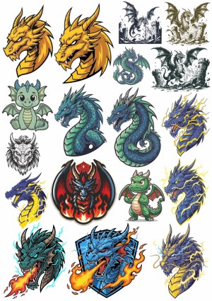 Collection of Dragon Heads and Full Body Dragon Illustrations Free Vector