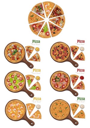 Variety of Pizza Slices on Wooden Serving Boards Vector Set Free Vector