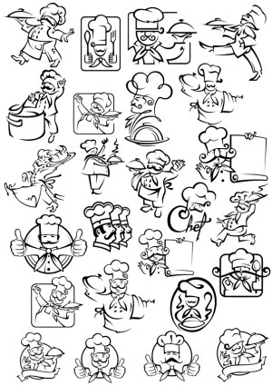 Set of Cartoon Chef Line Art Icons and Poses Free Vector
