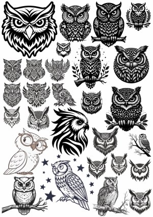 Collection of Diverse Black and White Owl Vector Illustrations Free Vector