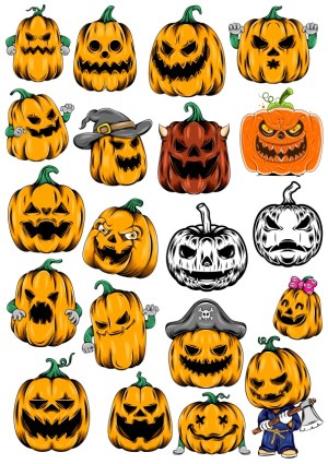 Collection of Scary and Funny Halloween Jack-O'-Lantern Pumpkin Faces Free Vector