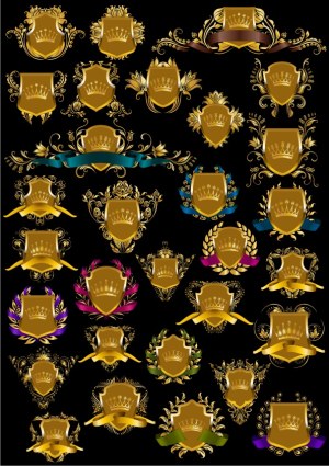 Set of Gold Heraldic Shields with Crown and Decorative Ribbons Free Vector