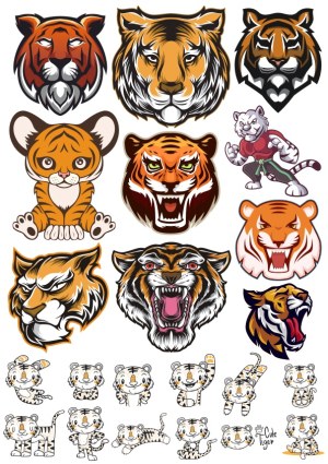 Collection of Cartoon and Fierce Tiger Vector Illustrations Free Vector