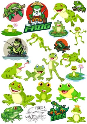 Cartoon Frog Characters and Ninja Frog Illustrations Free Vector