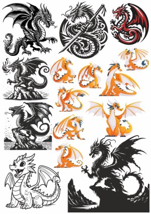 Collection of Black, Red, and Orange Cartoon and Tattoo Style Dragon Vectors Free Vector
