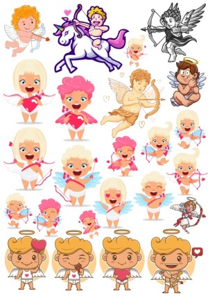 Cute Cupid and Angel Characters with Bows and Hearts Free Vector