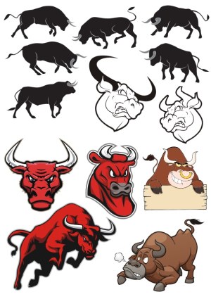 Bull Silhouettes and Cartoon Mascot Vector Collection Free Vector