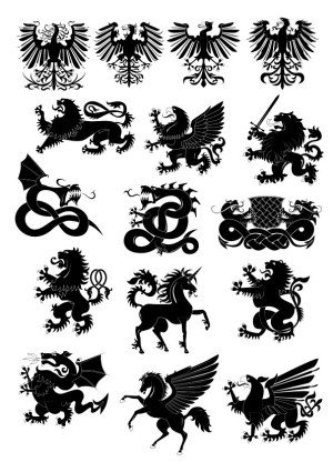Set of Heraldic Crests with Lions, Dragons, Griffins, Unicorns, and Eagles Free Vector