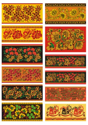 Traditional Floral Folk Art Seamless Borders in Warm Colors Free Vector