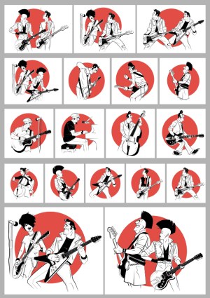 Stylized Rock Band Vector Illustrations with Red Circle Accent Free Vector