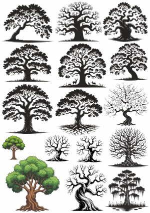 Collection of Stylized Tree Silhouettes and Illustrations Free Vector