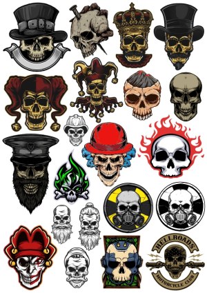 Collection of Detailed Skull Illustrations with Various Hats and Themes Free Vector