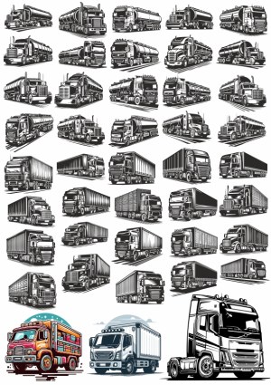 Collection of Detailed Black and White and Color Truck Vector Illustrations Free Vector