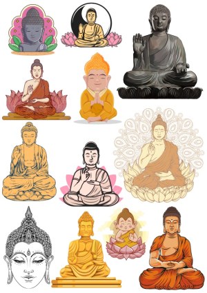 Collection of Buddha Illustrations and Statues in Various Artistic Styles Free Vector
