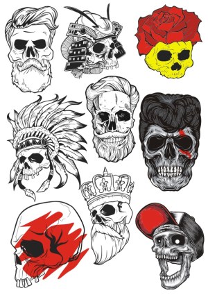 Collection of Stylized Skull Illustrations with Various Hats and Accessories Free Vector