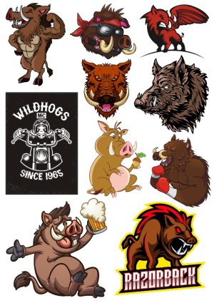 Wild Boar and Razorback Cartoon and Mascot Vector Illustrations Free Vector