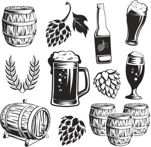 Black and White Beer Brewing Vector Icons with Barrels and Hops Free Vector