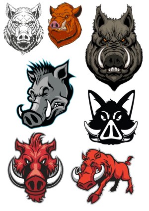 Collection of Stylized Wild Boar and Warthog Vector Mascot Heads and Full Body Free Vector