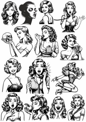 Black and White Vintage Women Vector Portraits and Expressions Free Vector