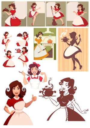 Retro Housewife and Cooking Woman Vector Illustrations Free Vector