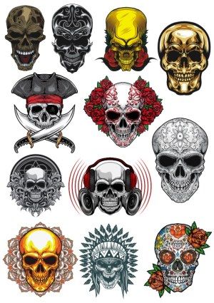Skull Collection Vector Set with Various Themes and Decorations Free Vector