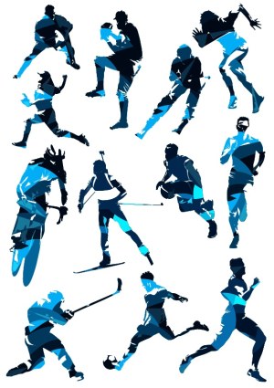 Abstract Blue Silhouettes of Athletes in Various Sports Poses Free Vector