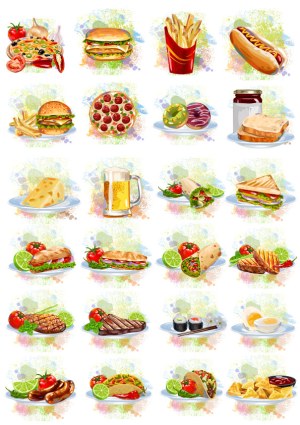 Assortment of Vector Food Icons with Diverse Dishes Free Vector