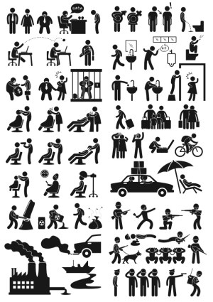 Various Black Silhouette Icons Depicting Daily Activities, Emotions, and Situations Free Vector