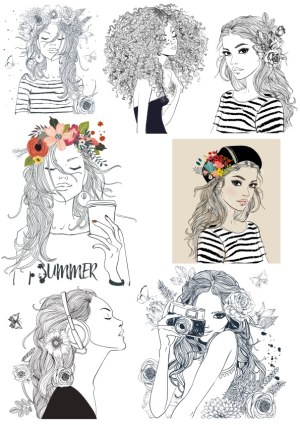 Elegant Young Women Floral Portrait Vectors Free Vector