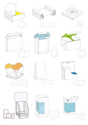 Technical Vector Illustrations of Various Foldable Packaging Designs with Die Lines Free Vector