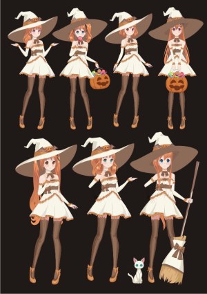Cute Anime Witch Girl Poses with Halloween Accessories Free Vector