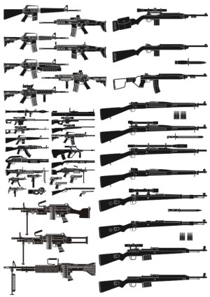 Vector Silhouettes of Various Military Firearms and Accessories Free Vector