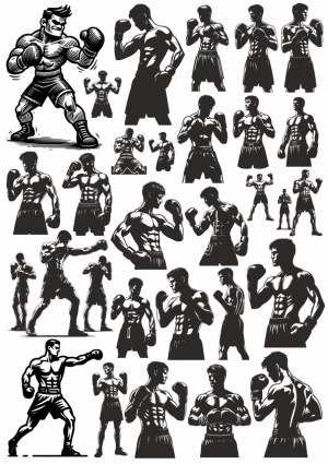 Set of Black and White Male Boxer Silhouettes and Cartoon Free Vector