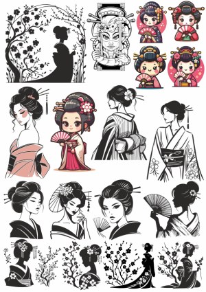 Collection of Geisha and Kimono Women Vector Illustrations Free Vector