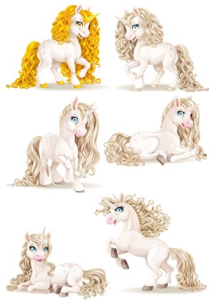 Set of Cute White Unicorns with Flowing Manes in Different Poses Free Vector
