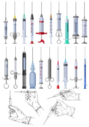 Various Medical Syringes and Gloved Hands Holding Syringes Vector Set Free Vector